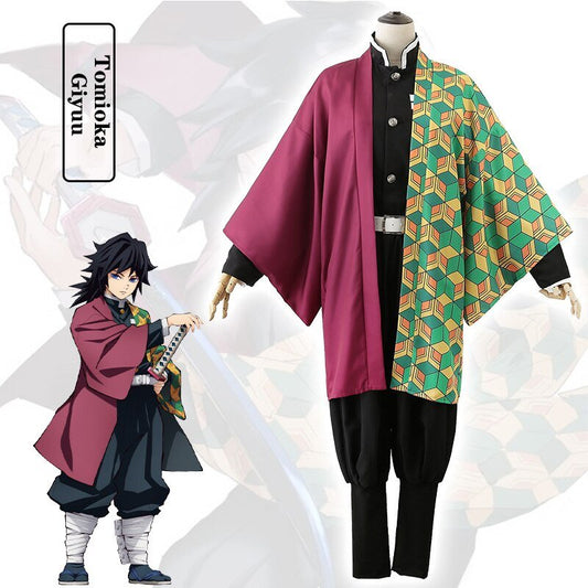 Demon Slayer Kimetsu No Yaiba Cosplay Costume Tomioka Giyuu Kimono Coat+Lining+Pants+Leggings+Belt+Bandage Wigs Socks