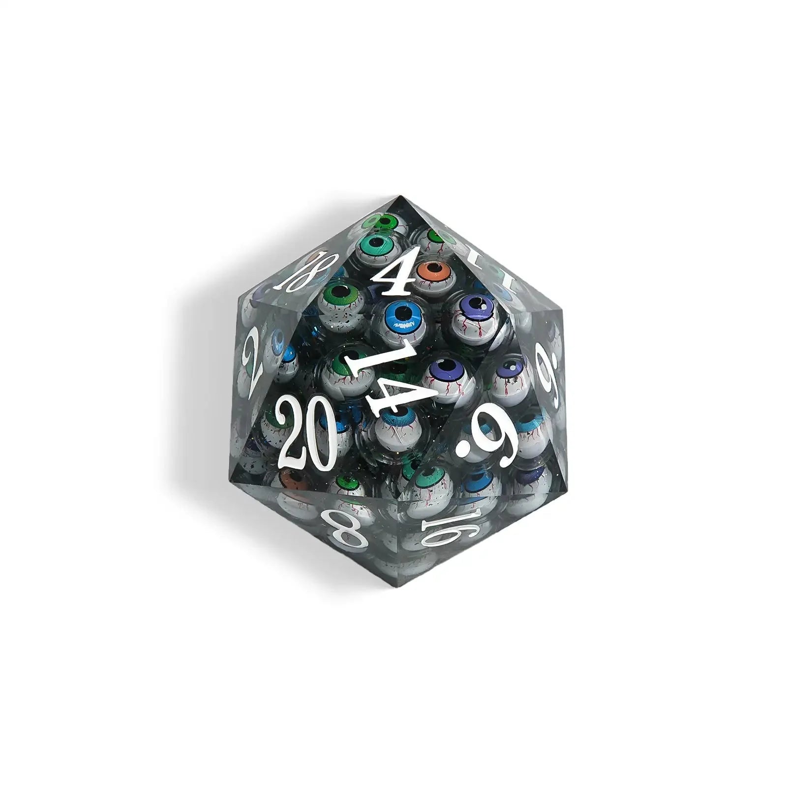 Devil's Eye - 80 mm  Liquid Core Resin Extra Large D20 Dice + White Numbers