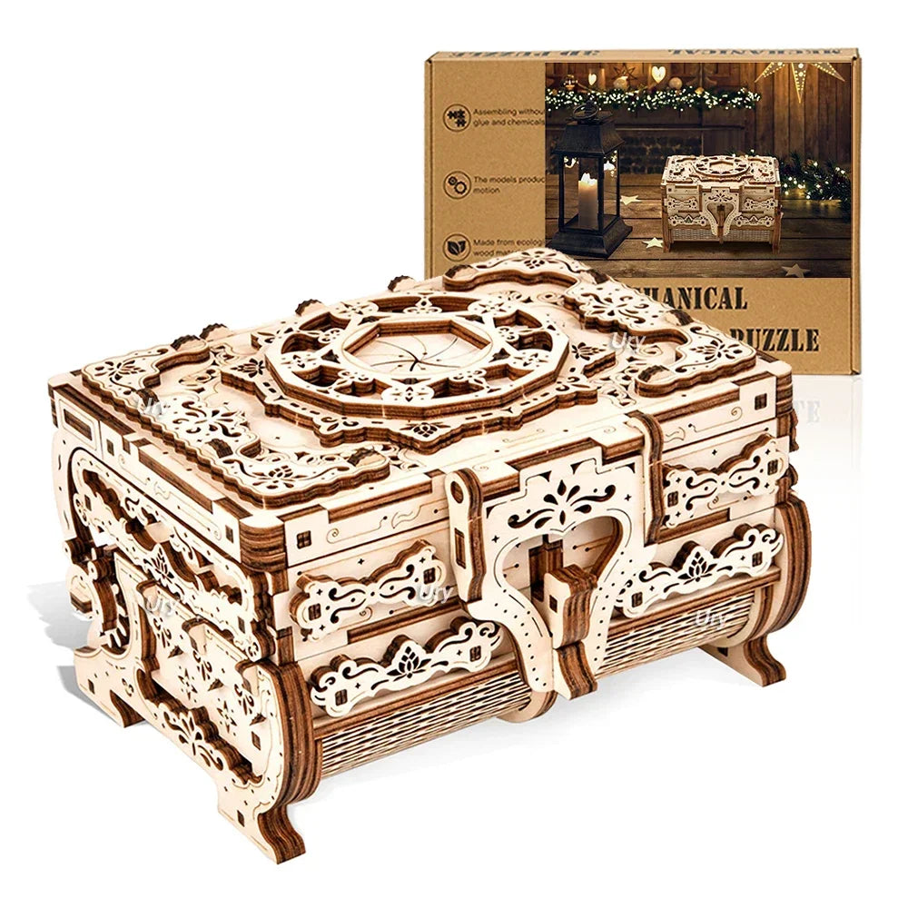 Dice box URY 3D Wooden Puzzle Antique Treasure Box Dressing Case DIY Game Advanced Assembly Model Toys Creative Gift for Lady Girls