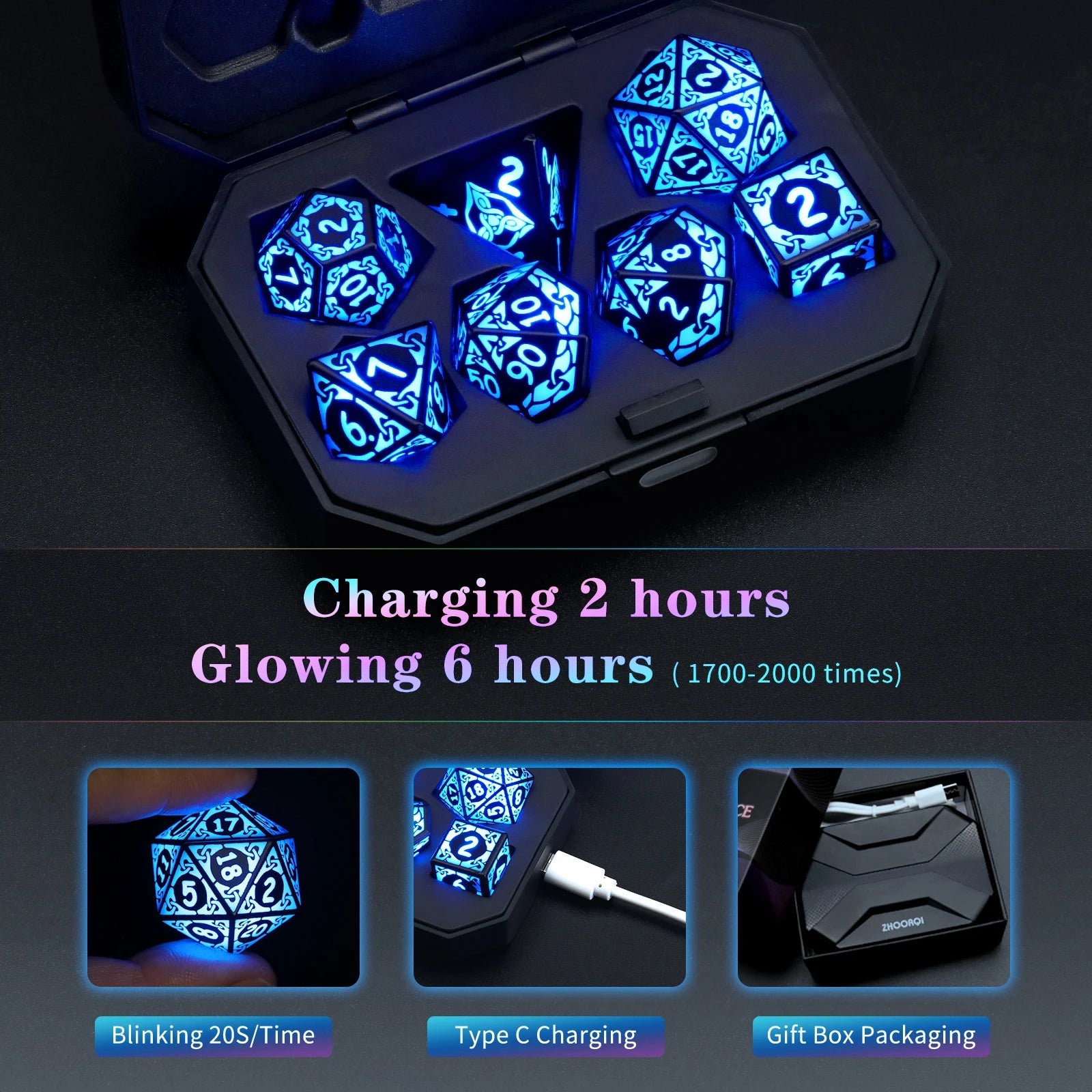 Dice Rechargeable with Charging Box, 7 PCS LED Dice for