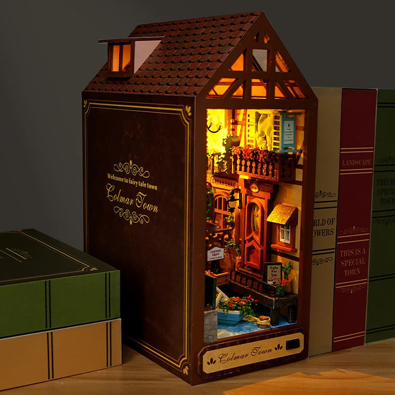 DIY Book Nook Kit Miniature Doll House With LED Light 3D Puzzle Model Building Wooden Bookshelf Bookend Toy Adults Birthday Gift