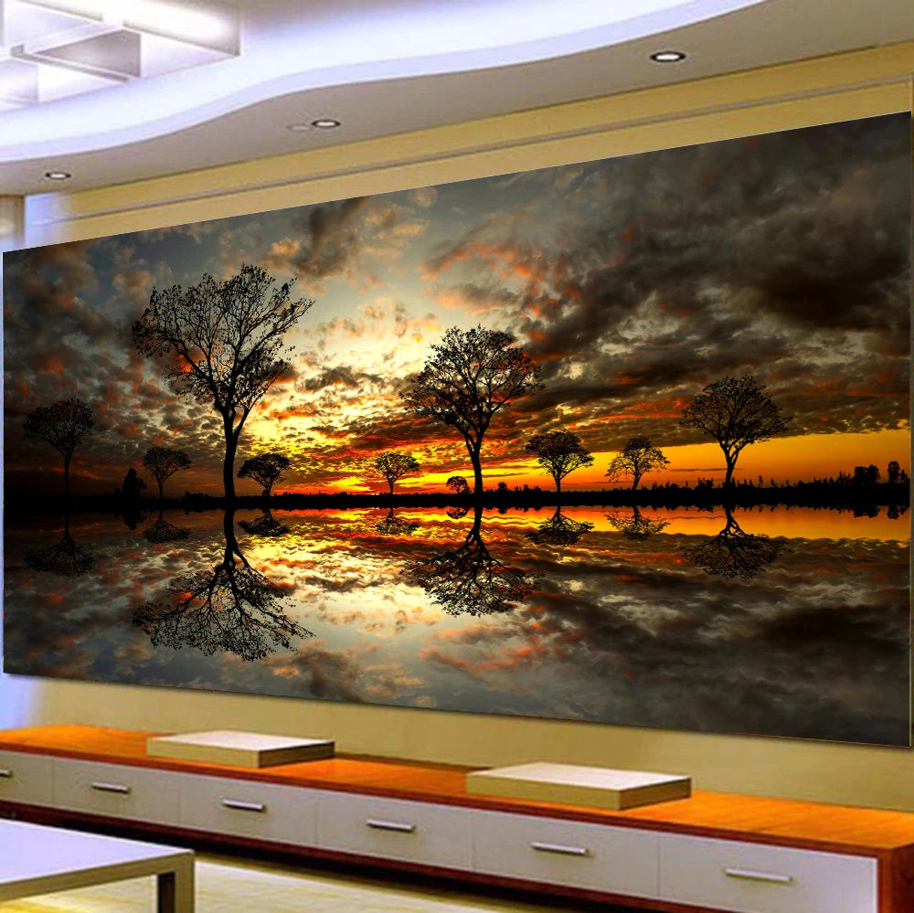 DIY Large Diamond Painting 5D Setting Sun Cross Stitch Wall Art Hanging Painting Full Round Drill Embroidery for Home Decor