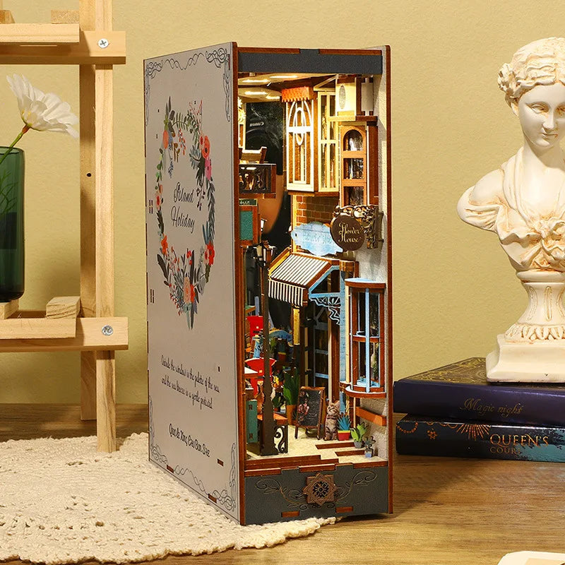 DIY Wooden Book Nook Kit Shelf Insert Casa Miniature Dollhouse Island Holidays Creative Assembling Bookend Adult 3D Puzzle Toy