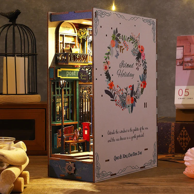 DIY Wooden Book Nook Kit Shelf Insert Casa Miniature Dollhouse Island Holidays Creative Assembling Bookend Adult 3D Puzzle Toy