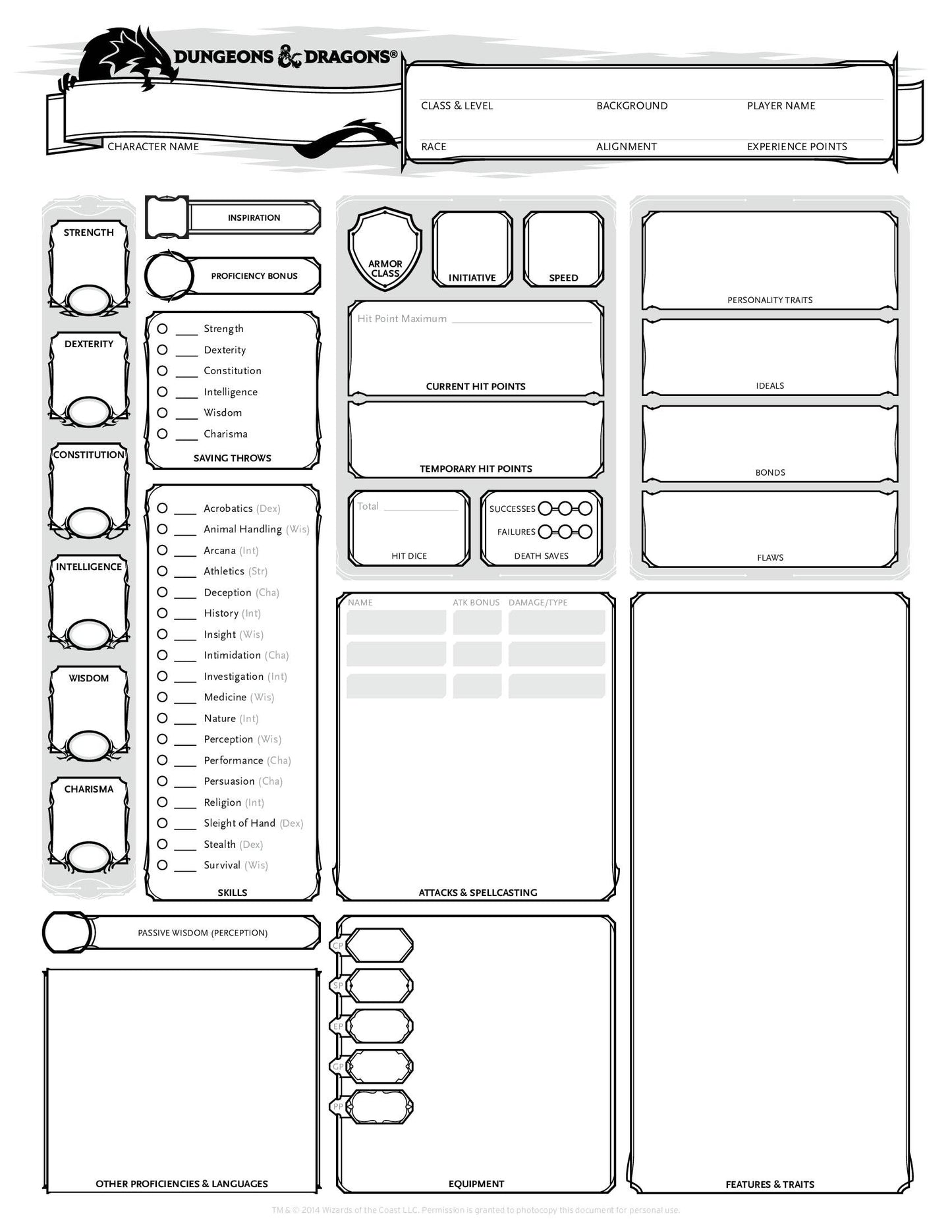 DnD 5e characters sheet free pdf download Wizard of the coast - 