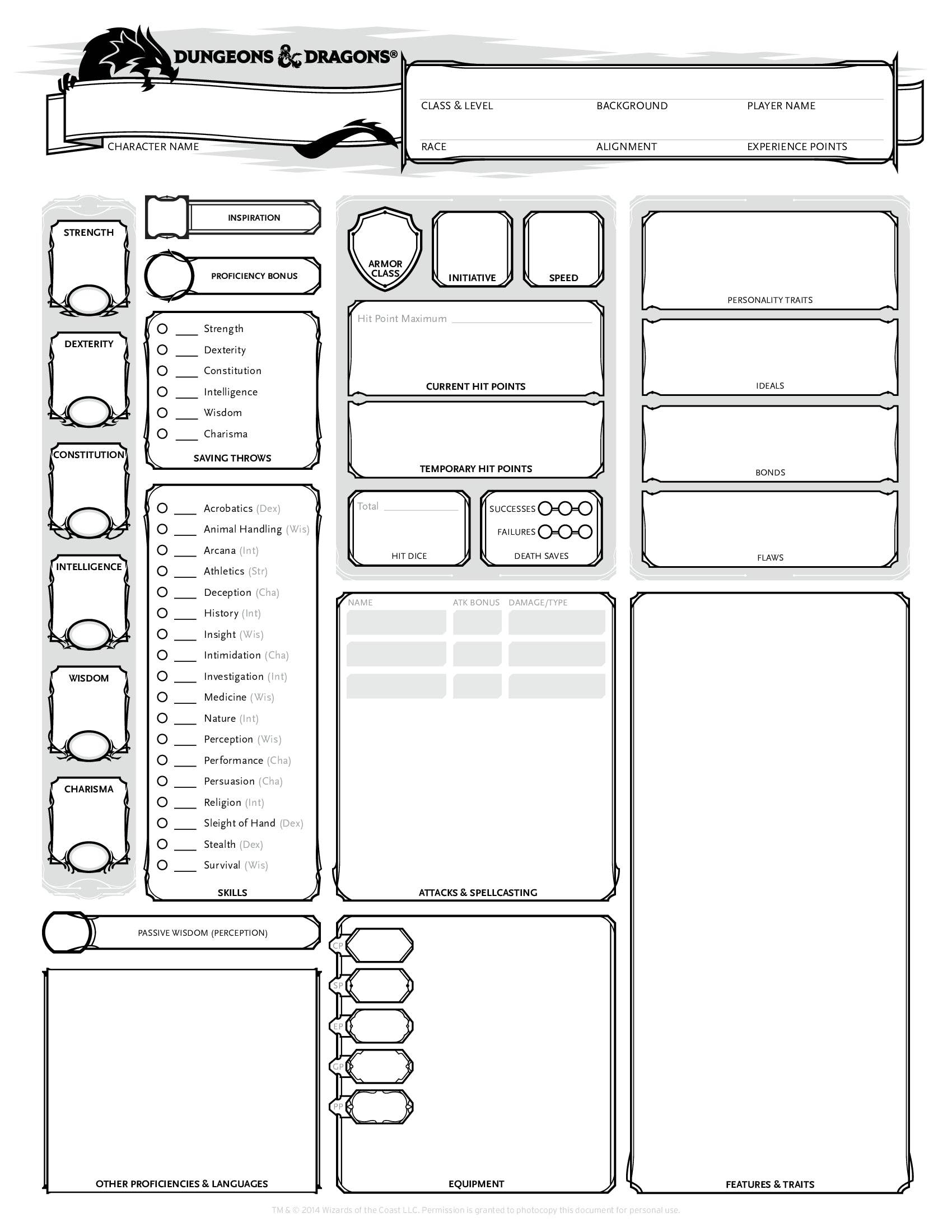 DnD 5e characters sheet free pdf download Wizard of the coast - 