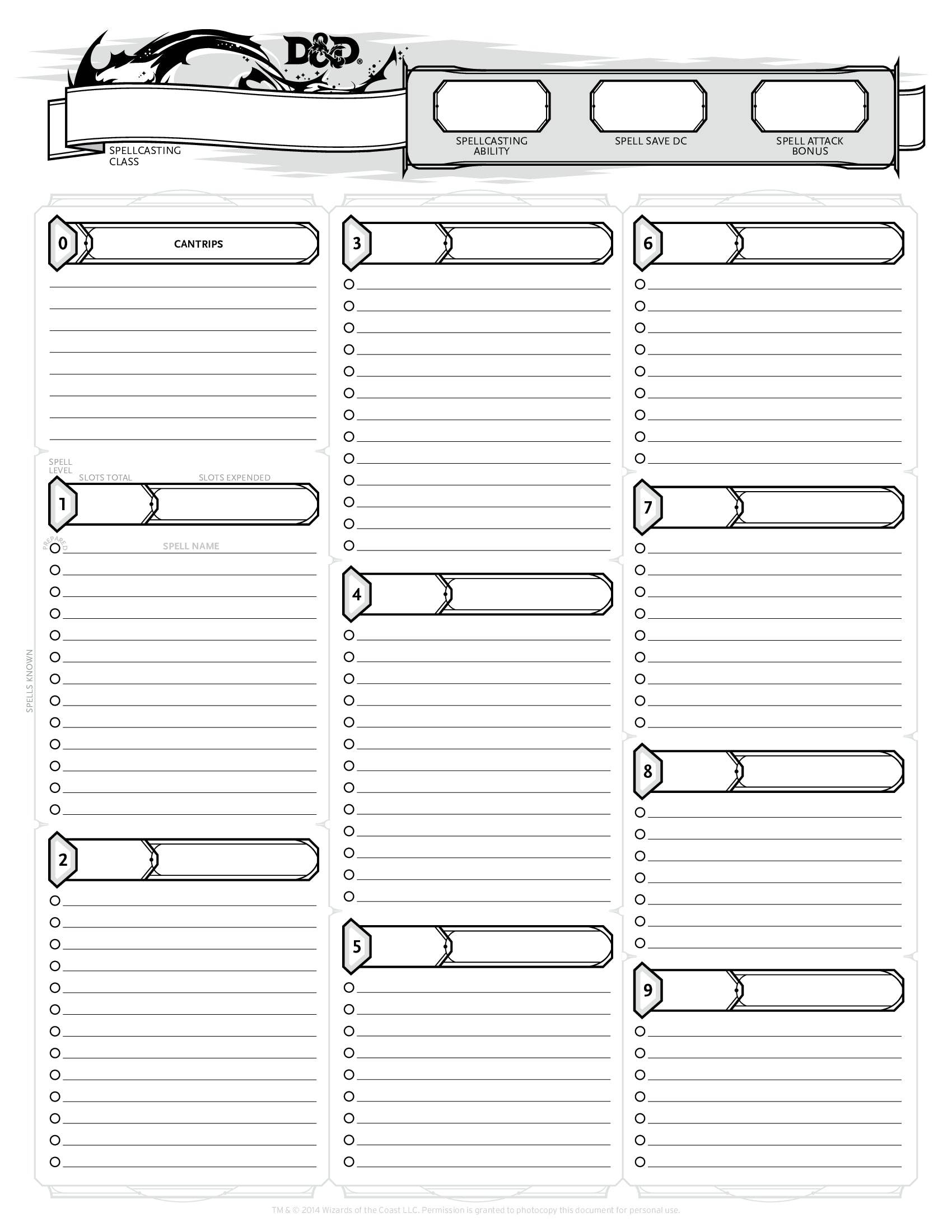 DnD 5e characters sheet free pdf download Wizard of the coast - 