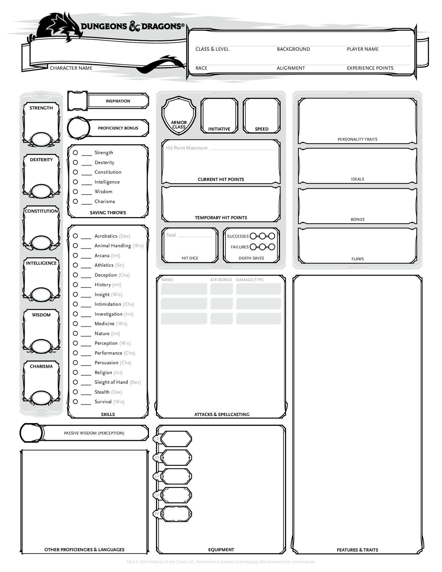 DnD 5e characters sheet free pdf download Wizard of the coast