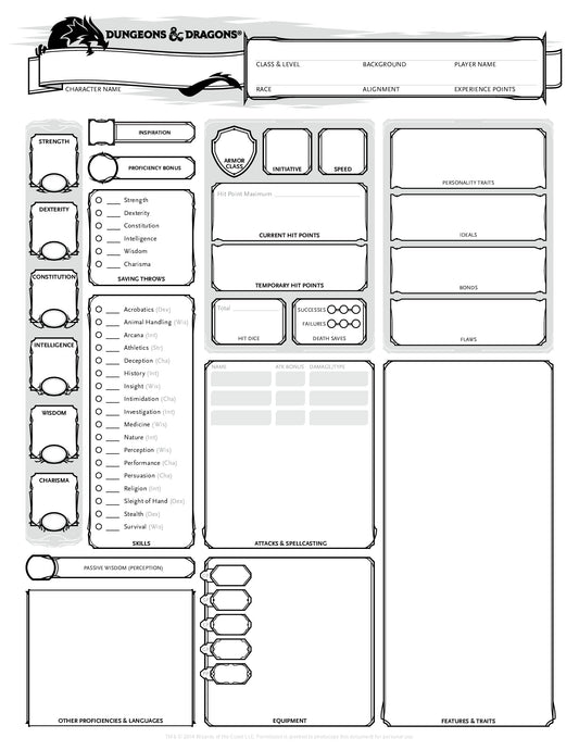 DnD 5e characters sheet free pdf download Wizard of the coast