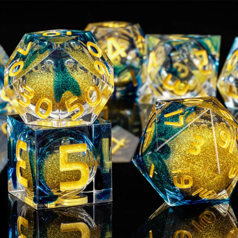 Dnd Blue Resin Dice Set, Handmade Liquid Core Dice, Polyhedral Dice Set for Dungeons and Dragons, Galaxy Dice Set, dice set dnd