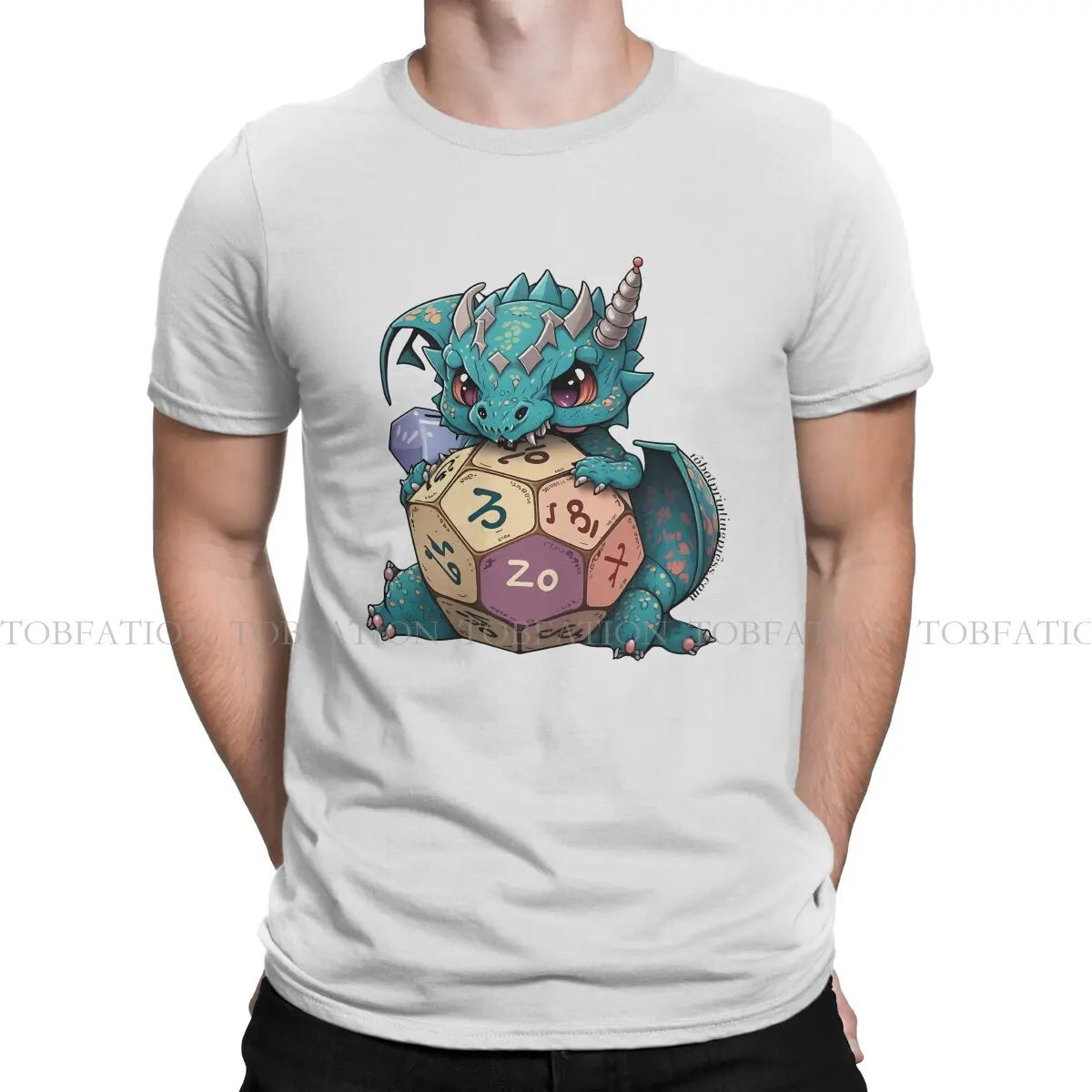 DND Cute Angry Dice Dragon Tshirt Graphic Men Tops Vintage Fashion Summer Clothing 100% Cotton T Shirt