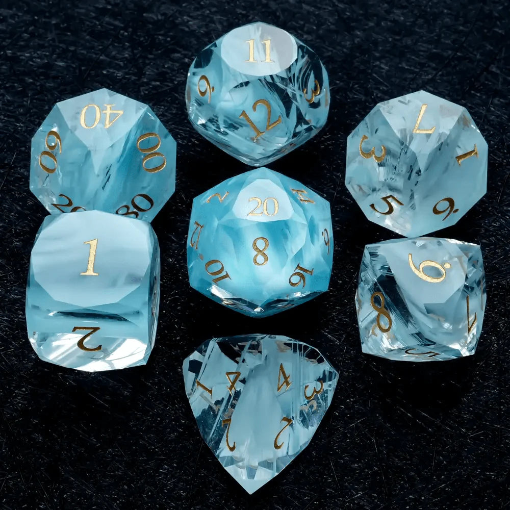 DND Dice | Diamond-cut sky blue transparent glass dice set