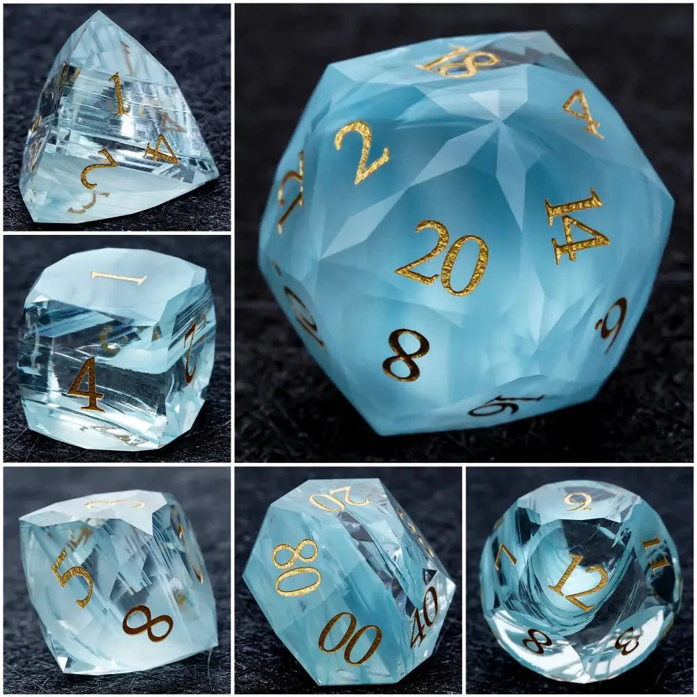 DND Dice | Diamond-cut sky blue transparent glass dice set