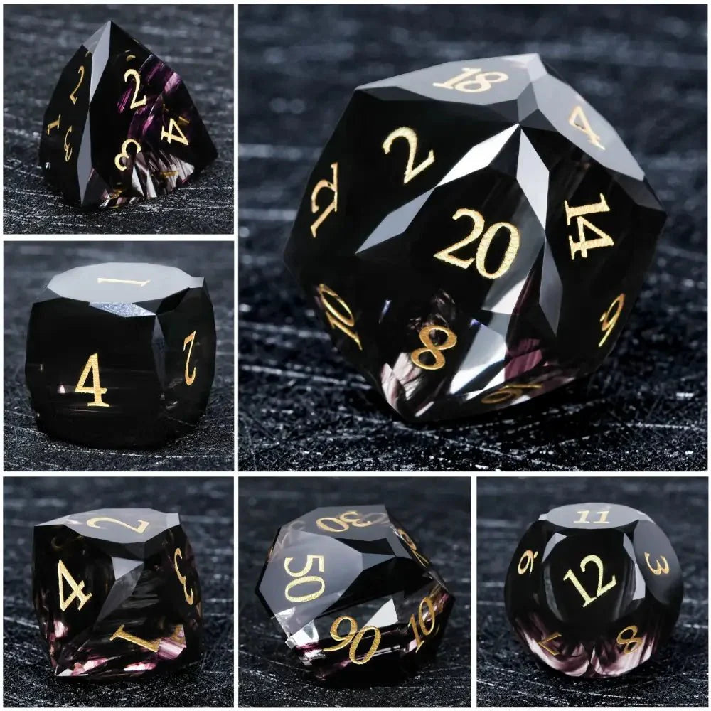 Black Polyhedral Glass DND Dice Set + Gold Numerals