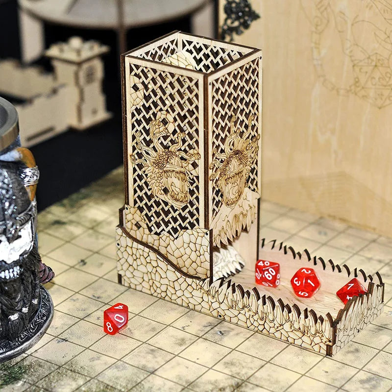 DnD Dice Tower with Tray Wood Laser Etched Beholder Portable and Collapsible Dice Roller