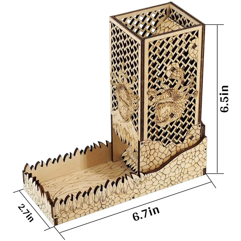 DnD Dice Tower with Tray Wood Laser Etched Beholder Portable and Collapsible Dice Roller