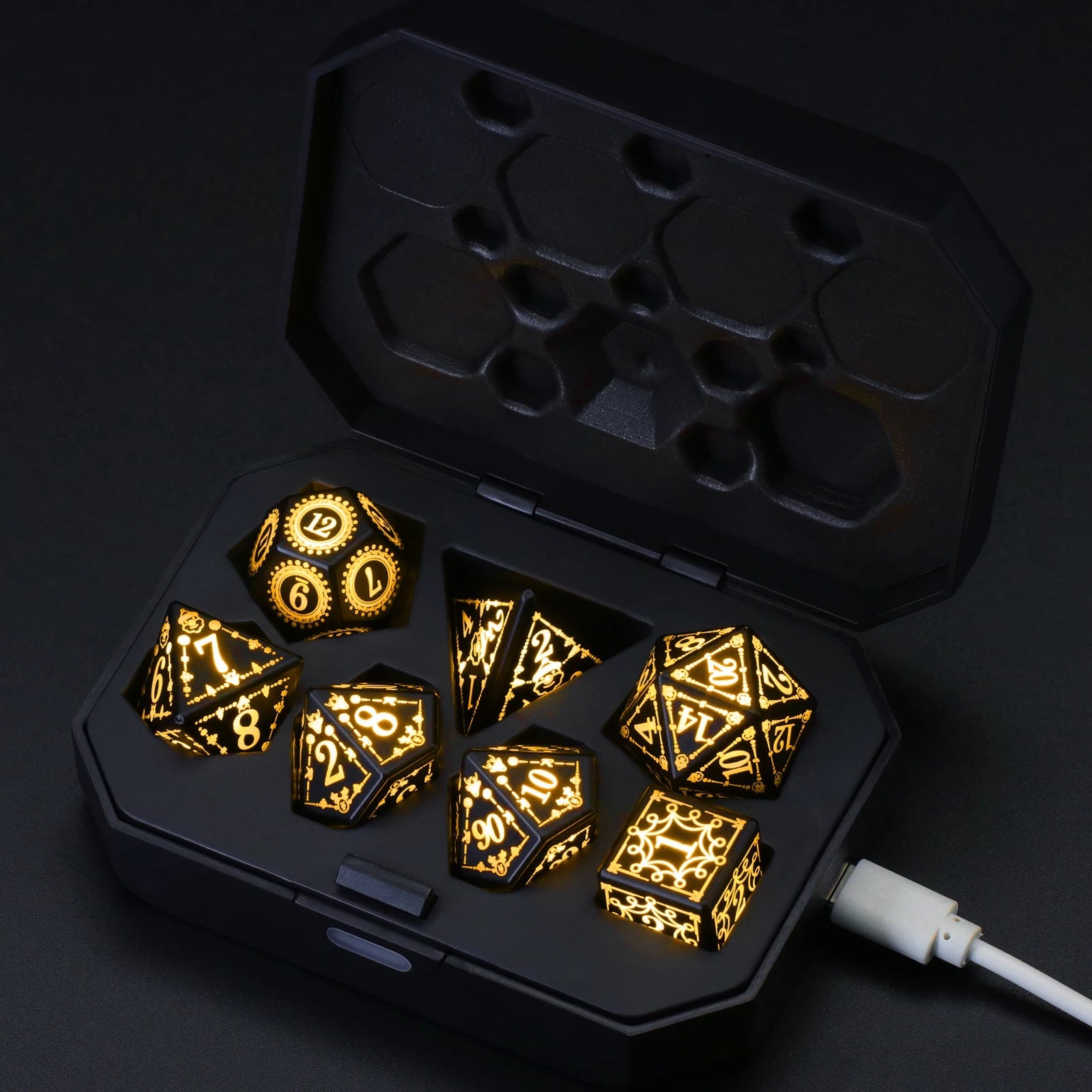 DND LED Dice Rechargeable with Charging Box, 7 PCS light up Dice for Tabletop Games RPG Dungeons and Dragons Dice Christmas Gift