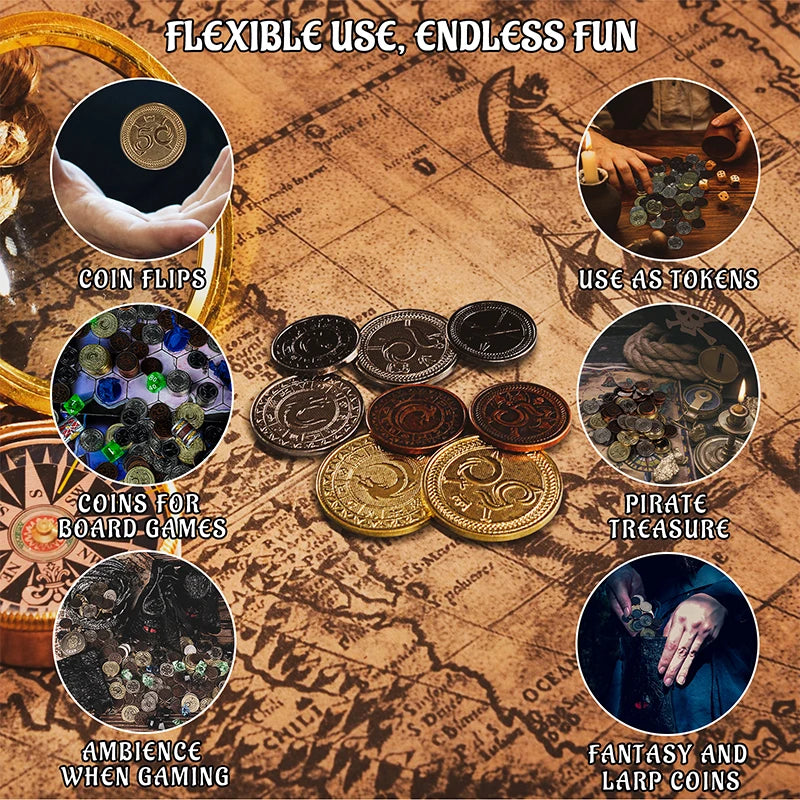 DND Metal Coins Set of 60 with Leather Pouch - Gaming Tokens, Pirate Treasure, Accessories & Props for Board Games