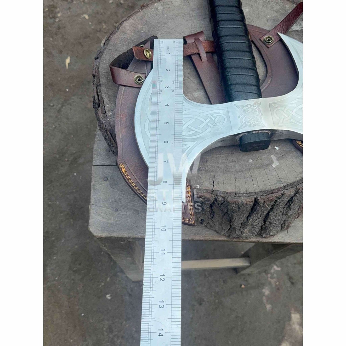 Handcrafted Double-Headed Decorative Axe featuring Nordic-style Engravings and Cord-wrapped Grip