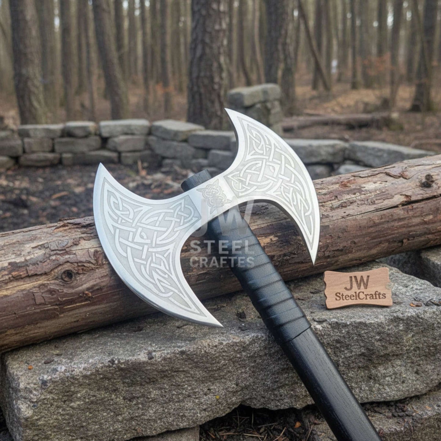Handcrafted Double-Headed Decorative Axe featuring Nordic-style Engravings and Cord-wrapped Grip
