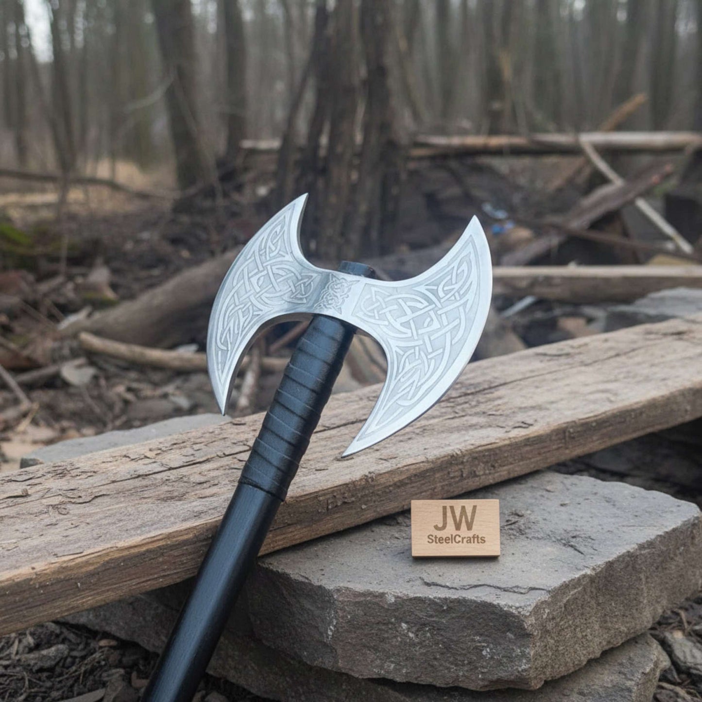 Handcrafted Double-Headed Decorative Axe featuring Nordic-style Engravings and Cord-wrapped Grip