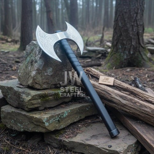 Handcrafted Double-Headed Decorative Axe featuring Nordic-style Engravings and Cord-wrapped Grip