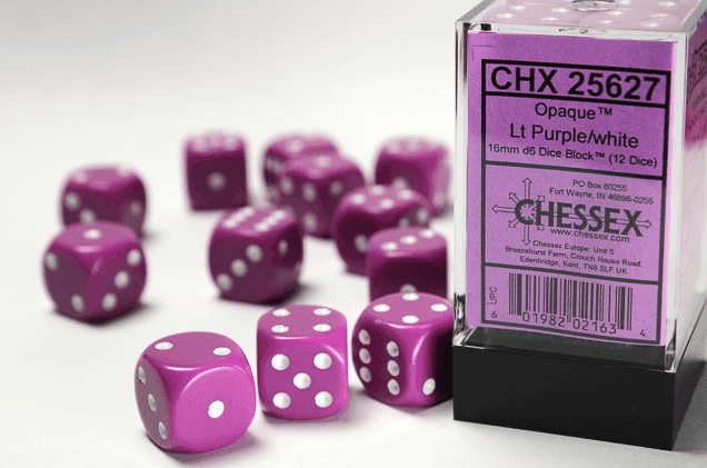 Opaque 16mm d6 Light Purple/white Dice Block™ (12 dice) OOP - 