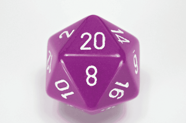 34mm (L) Single d20 Opaque Polyhedral Light Purple/white d20 (Sold per die) - 