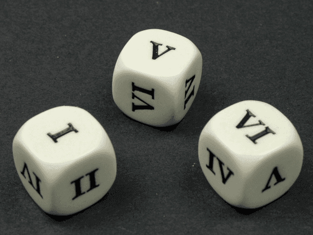 16mm Opaque d6 Roman Numerals I-II-III-IV-V-VI White/black (sold per piece) - 