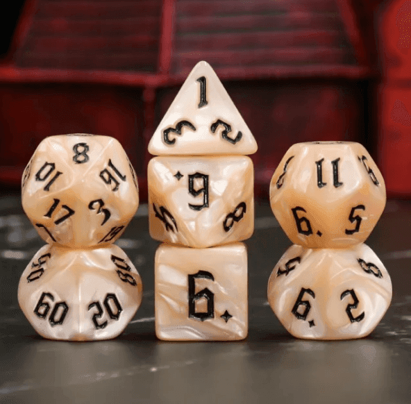 Beige Pearl 7-Dice Set Cream Marble w/Black Dnd Dice Acrylic - 