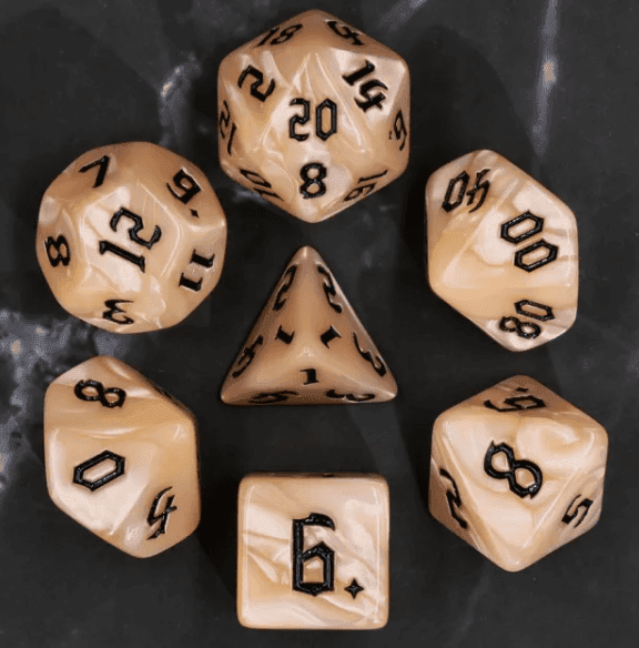 Beige Pearl 7-Dice Set Cream Marble w/Black Dnd Dice Acrylic - 