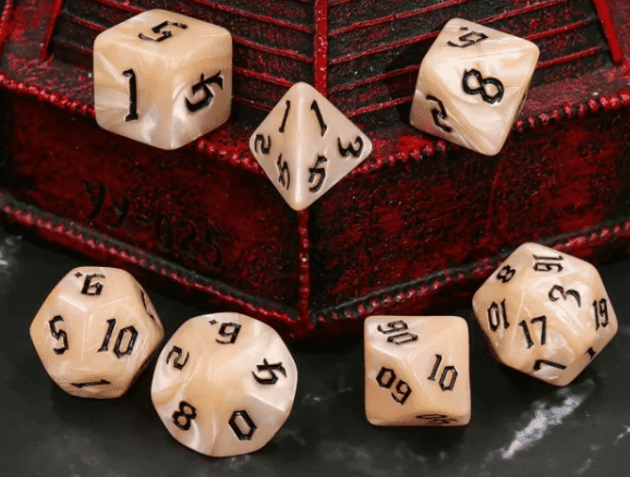 Beige Pearl 7-Dice Set Cream Marble w/Black Dnd Dice Acrylic - 