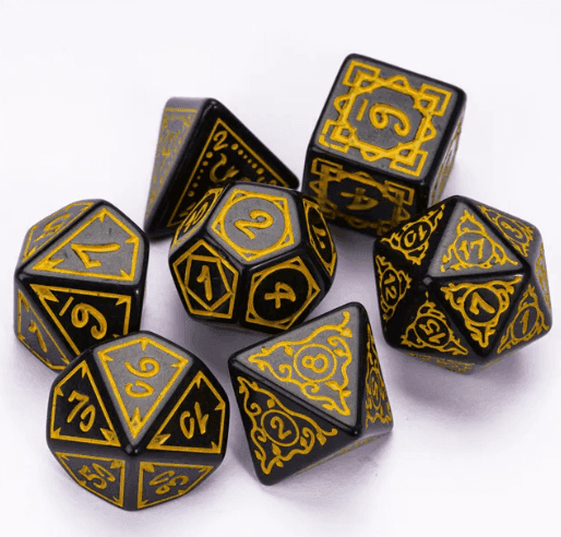 Yellow Druid Pattern 7-Dice Set DND RPG Dice Black Druid Dice Set - 