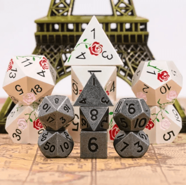 Basic Silver Mini Metal Dice Ancient Effect | (10mm to 15mm) 7-Dice Udixi RPG - 