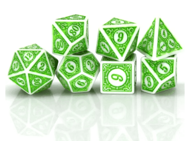 White & Green Magic Flame 7-Dice Set DND RPG Dice Green Color Fill - 