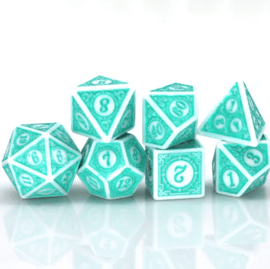 White & Teal Magic Flame 7-Dice Set DND RPG Dice Teal Color Fill - 