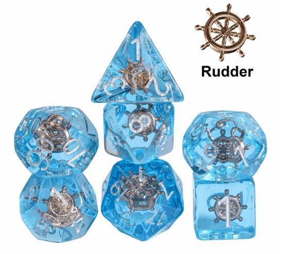 Nautical Odyssey Blue 7-Dice Set DND RPG Dice Gold Rudder Inclusion - 