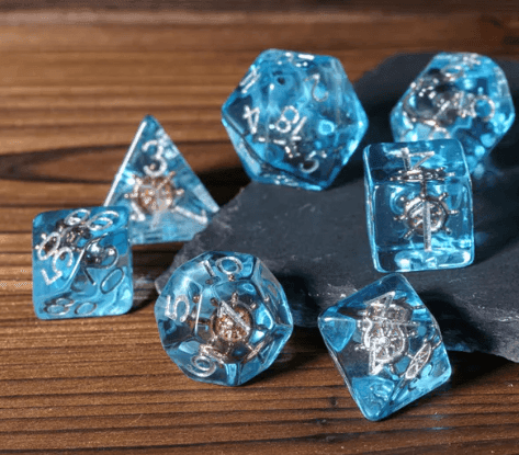 Nautical Odyssey Blue 7-Dice Set DND RPG Dice Gold Rudder Inclusion - 