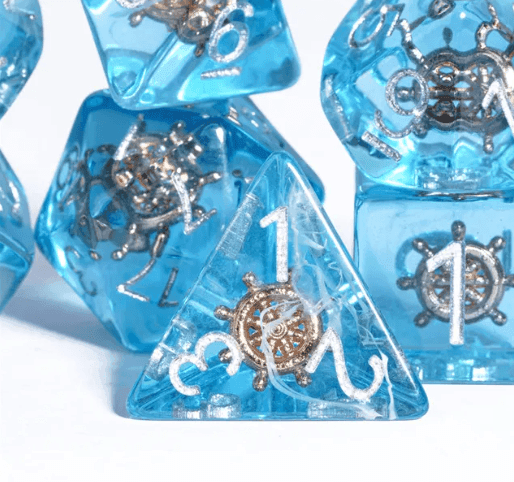 Nautical Odyssey Blue 7-Dice Set DND RPG Dice Gold Rudder Inclusion - 