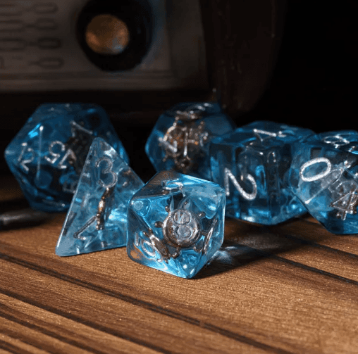 Nautical Odyssey Blue 7-Dice Set DND RPG Dice Gold Rudder Inclusion - 