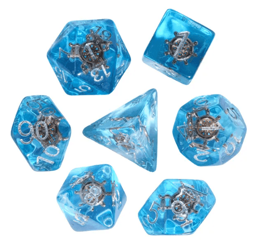 Nautical Odyssey Blue 7-Dice Set DND RPG Dice Gold Rudder Inclusion - 