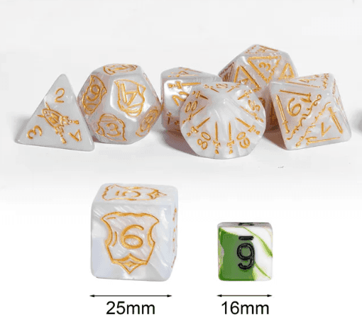 Giant Fighter Pearl Dice (7) with Gold Numbers JUMBO Dice Set (Available in Several Colors) - White w/Gold