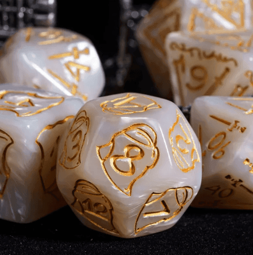 Giant Fighter Pearl Dice (7) with Gold Numbers JUMBO Dice Set (Available in Several Colors) - White w/Gold