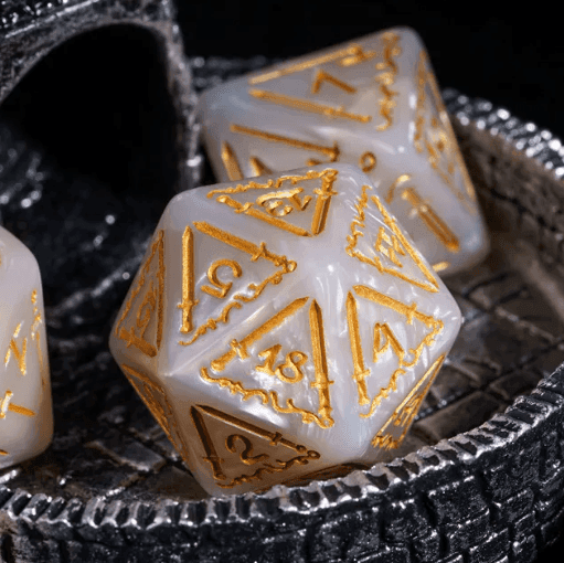 Giant Fighter Pearl Dice (7) with Gold Numbers JUMBO Dice Set (Available in Several Colors) - White w/Gold