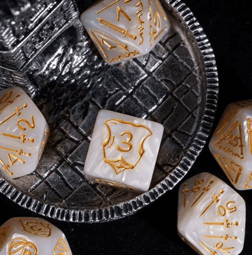 Giant Fighter Pearl Dice (7) with Gold Numbers JUMBO Dice Set (Available in Several Colors) - White w/Gold