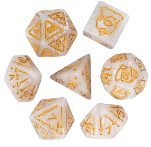 Giant Fighter Pearl Dice (7) with Gold Numbers JUMBO Dice Set (Available in Several Colors) - White w/Gold