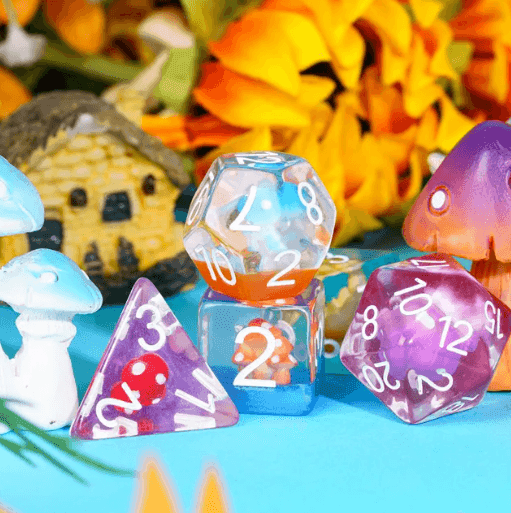 Enchanted Forest Mushroom Dice Set: 7-Piece Clear Resin RPG Dice w/Vibrant Botanicals - 