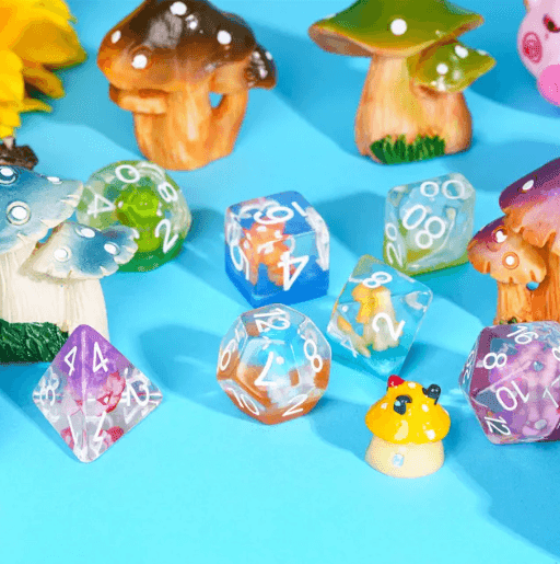 Enchanted Forest Mushroom Dice Set: 7-Piece Clear Resin RPG Dice w/Vibrant Botanicals - 
