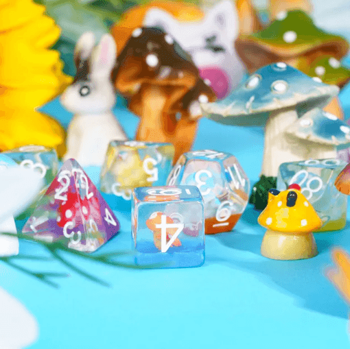 Enchanted Forest Mushroom Dice Set: 7-Piece Clear Resin RPG Dice w/Vibrant Botanicals - 