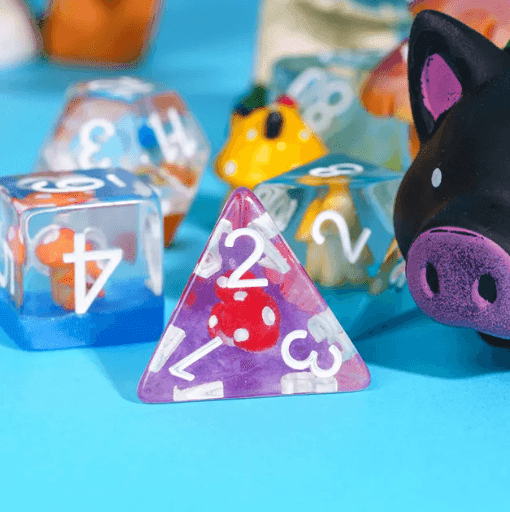 Enchanted Forest Mushroom Dice Set: 7-Piece Clear Resin RPG Dice w/Vibrant Botanicals - 